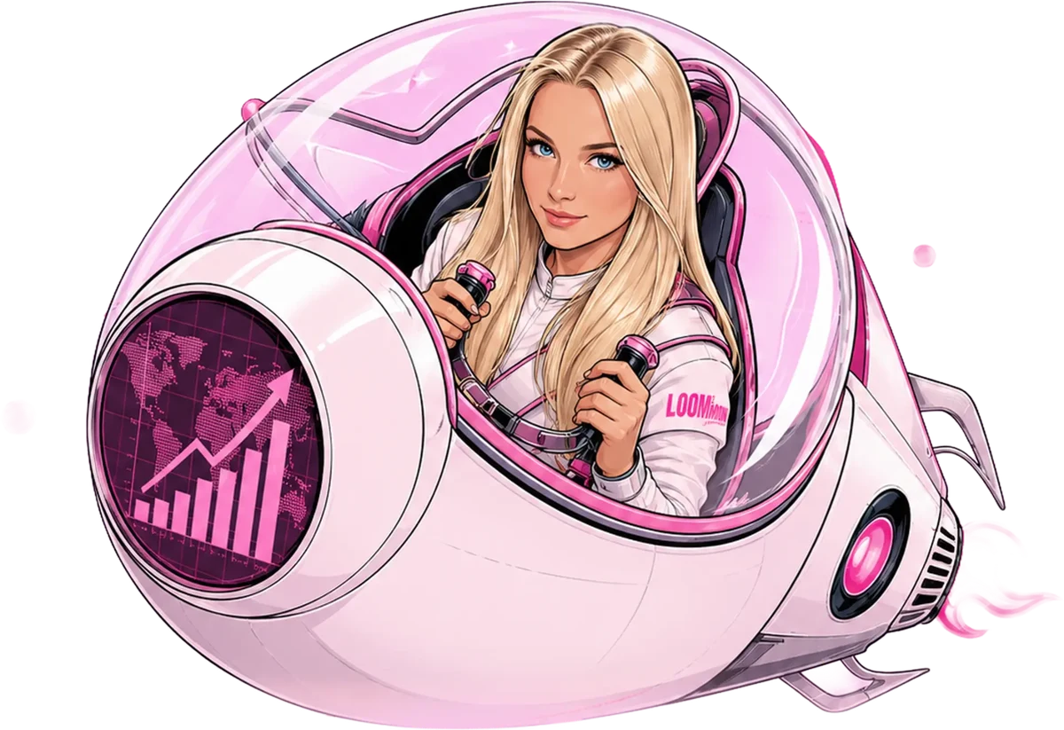 Illustration of a pilot in the Print Profit Navigator spacecraft with a growth chart on the on-board screen